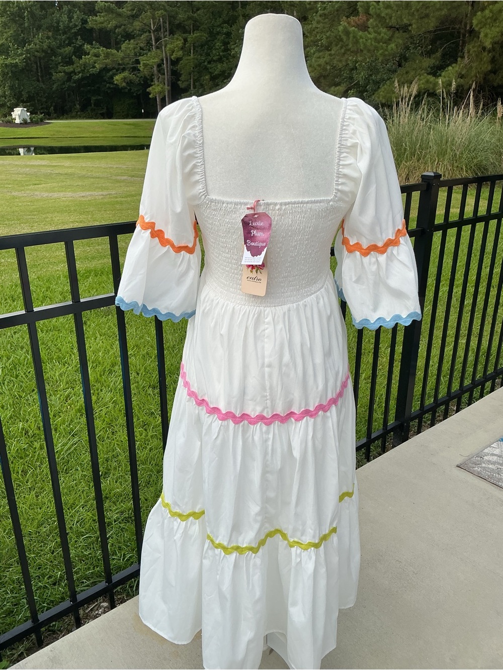 entro White Tiered Lined Maxi Dress with Multicolor Ric Rac Trim and Pockets - Picture 3 of 6